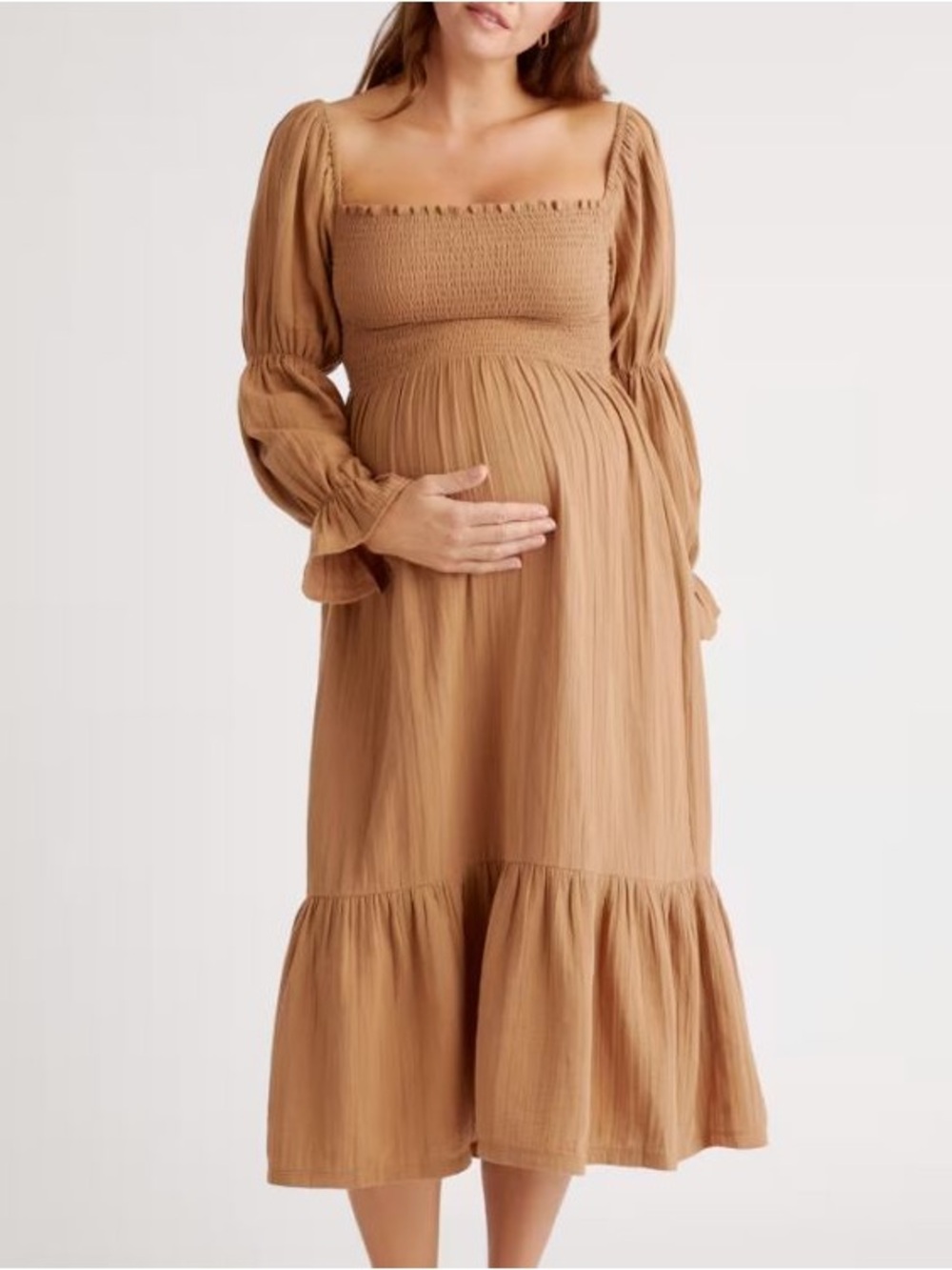 Quince Organic Cotton Gauze Maternity Smocked Ruffle HemLong Sleeve Midi Dress M